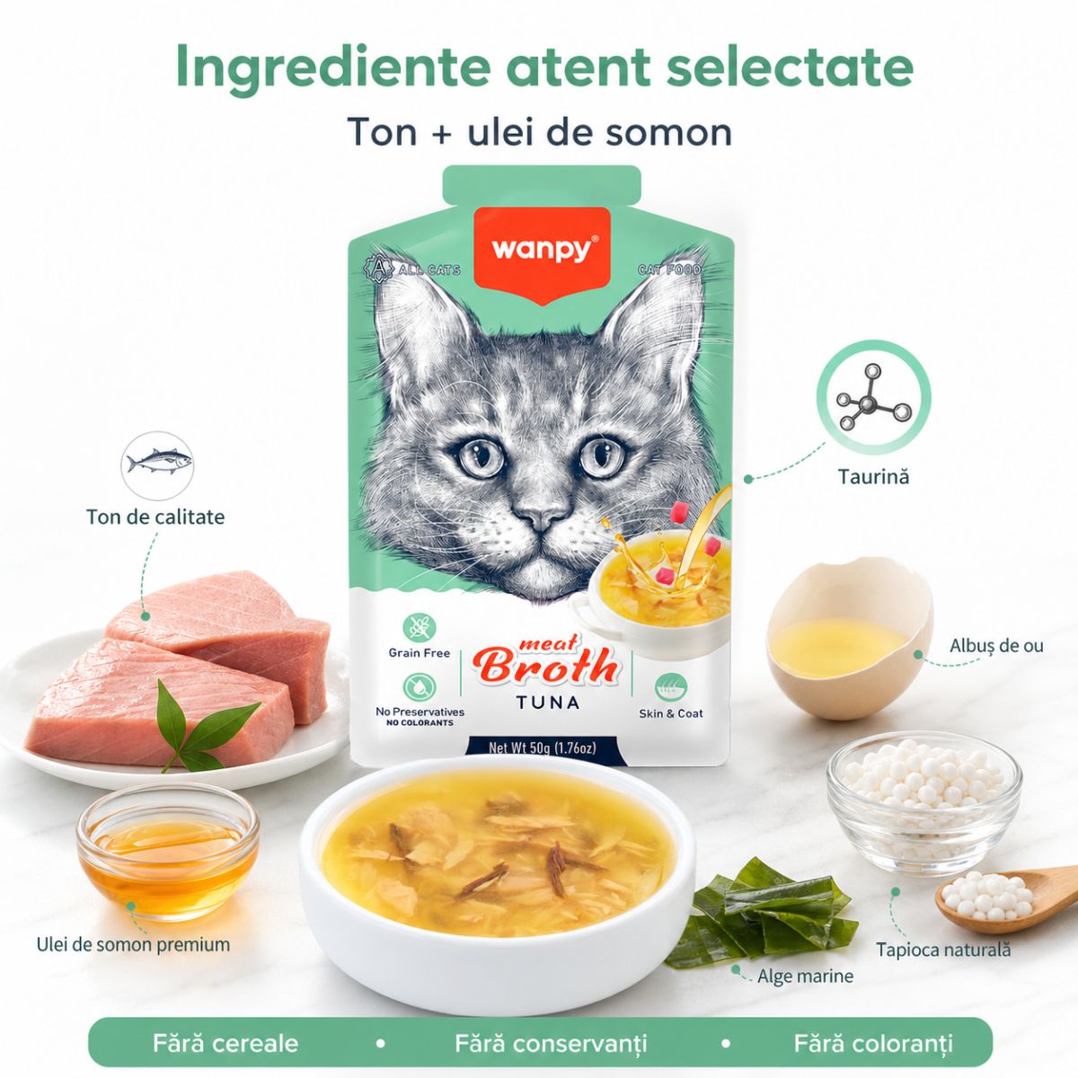 WANPY Meat Broth, Ton, plic hrană umedă pisici, (supă), 50g